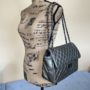 Metallic Gray Quilted Flap Shoulder Bag Purse